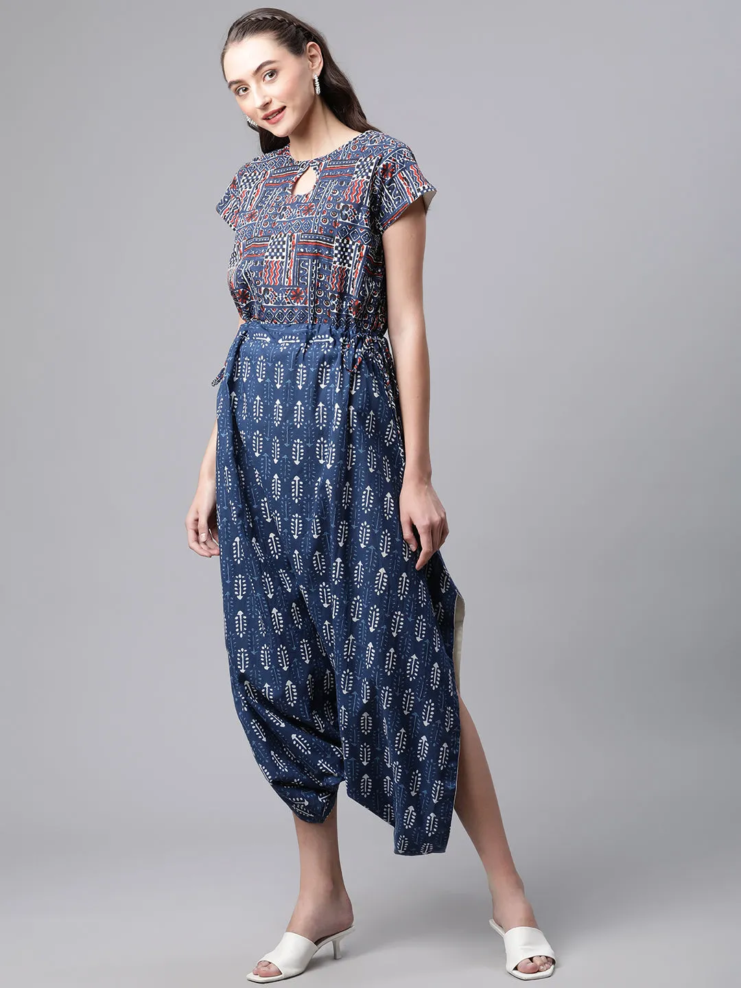 Women Indigo Floral Print Cotton Jumpsuit