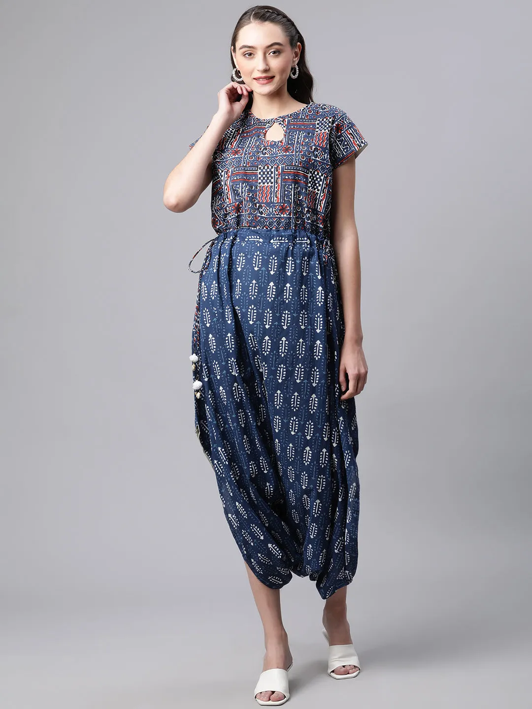 Women Indigo Floral Print Cotton Jumpsuit