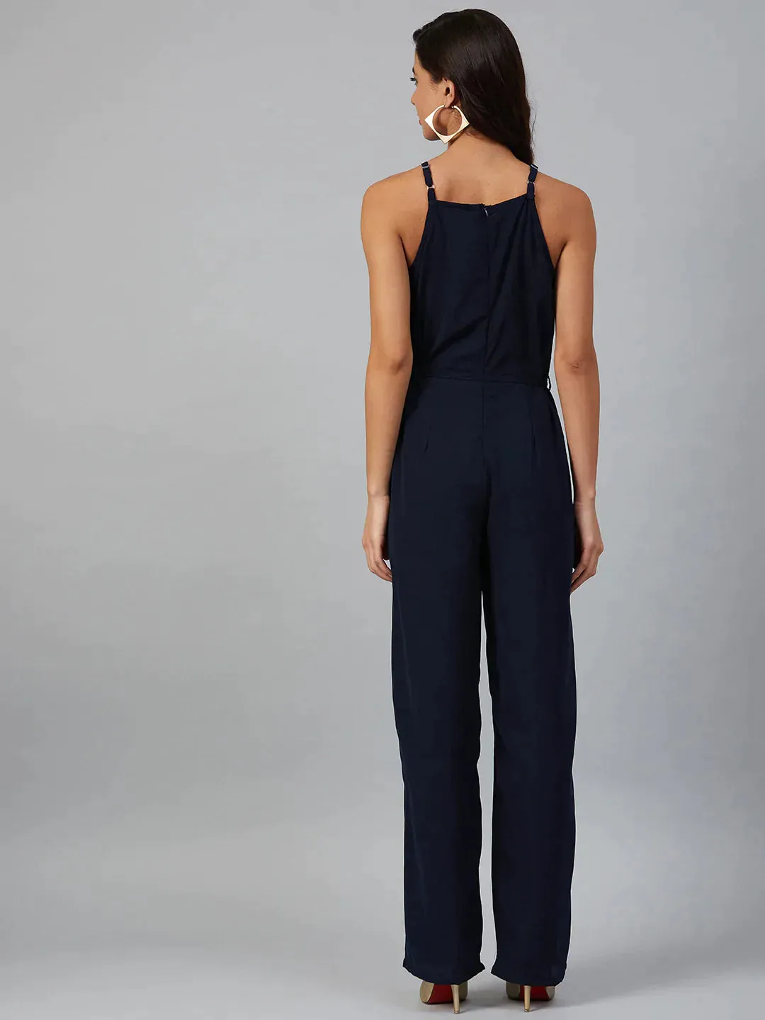 Women Navy Blue Solid Basic Halter Neck Basic Jumpsuit