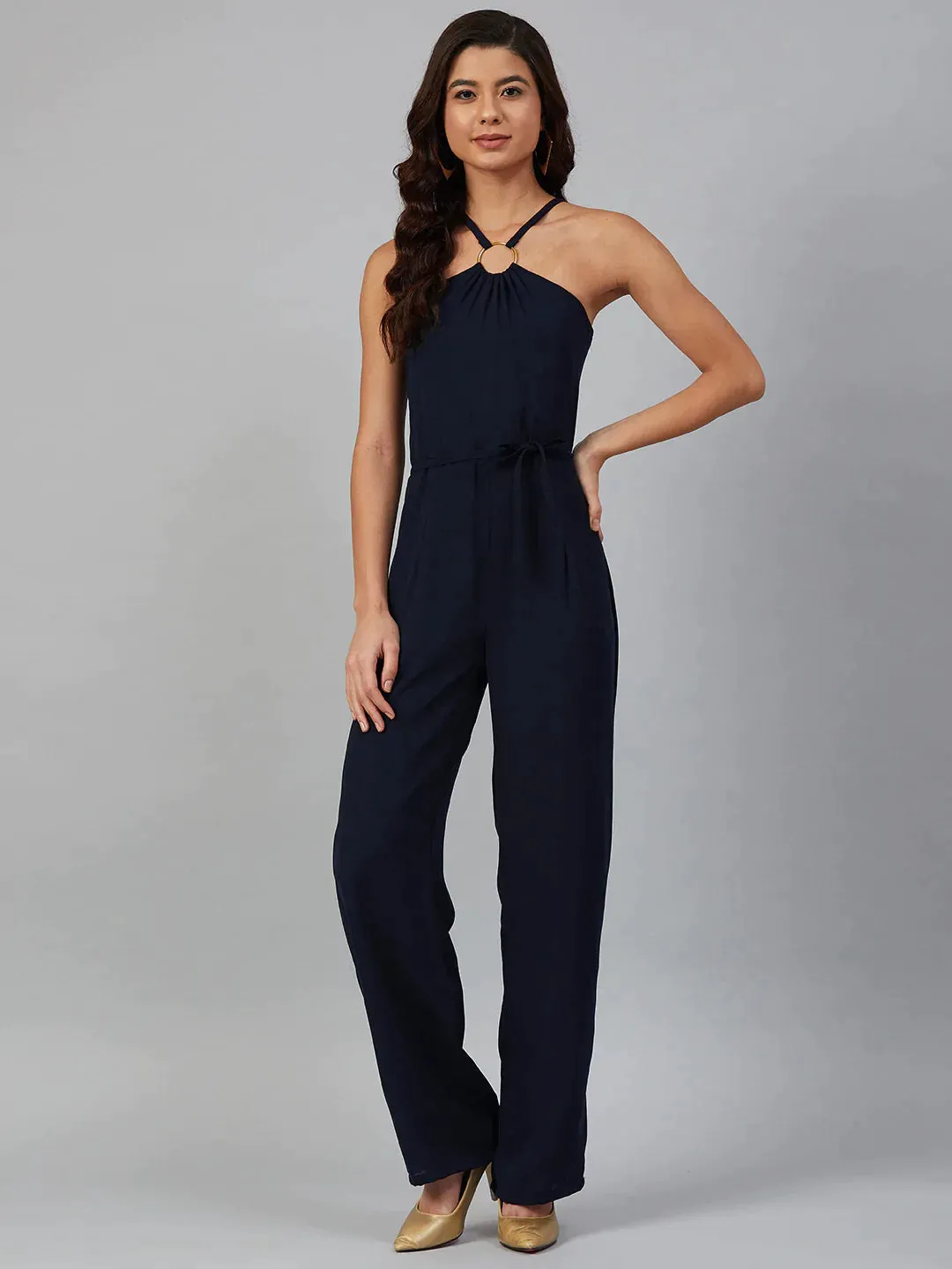 Women Navy Blue Solid Basic Halter Neck Basic Jumpsuit