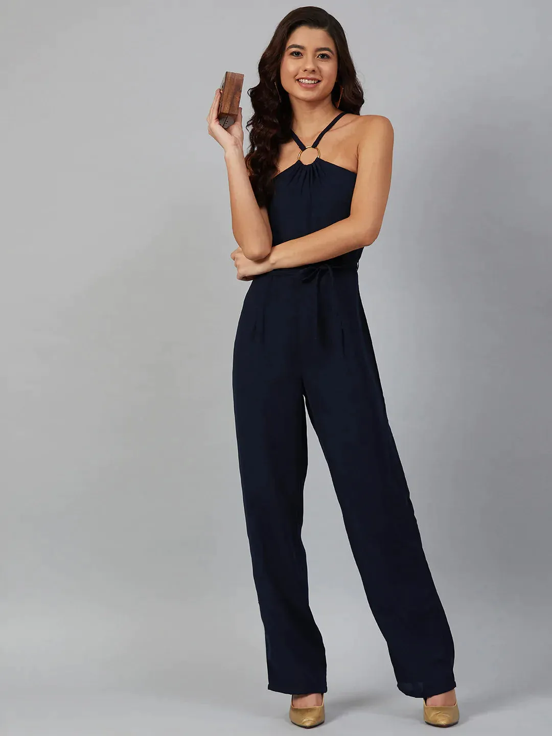 Women Navy Blue Solid Basic Halter Neck Basic Jumpsuit