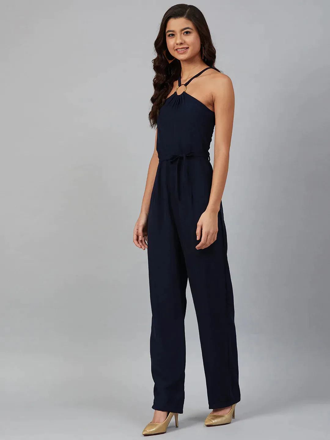 Women Navy Blue Solid Basic Halter Neck Basic Jumpsuit