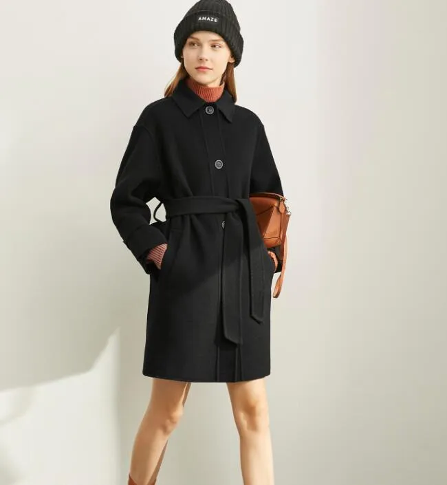 Women Winter Black Handmade Double Face Long Women Wool Coat Jacket/5688