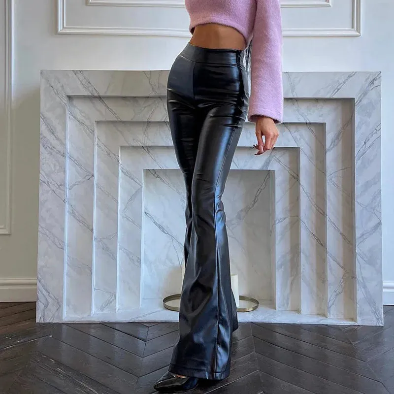 Women Winter High-waist Sensual Pu Leather Shiny Bell Bottoms Street Style Pants