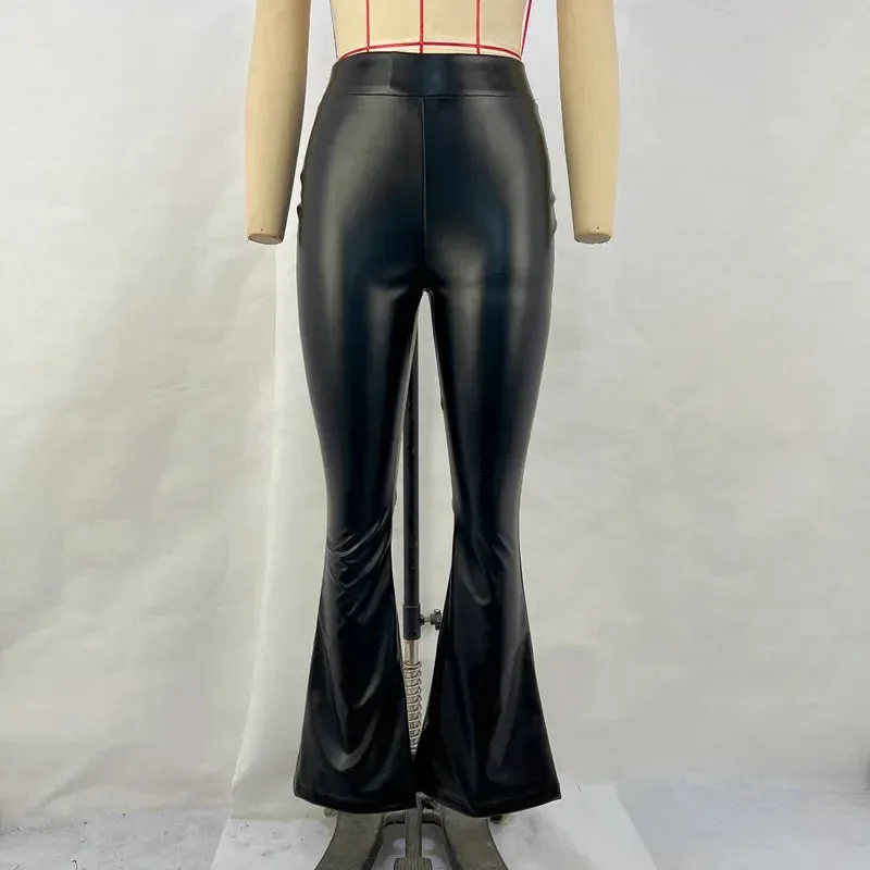 Women Winter High-waist Sensual Pu Leather Shiny Bell Bottoms Street Style Pants