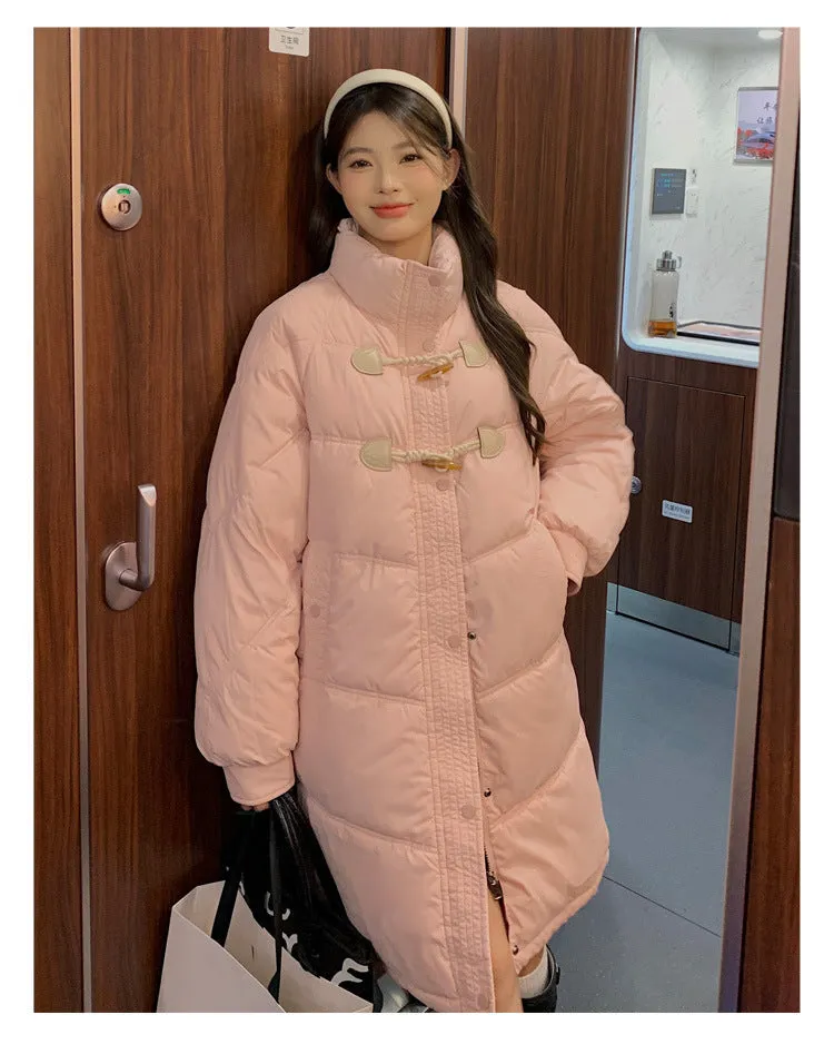 Women's cotton-padded clothes medium and long stand-up collar horn buckle Korean version casual loose knee-padded clothes long jackets thickened new cotton-padded jackets