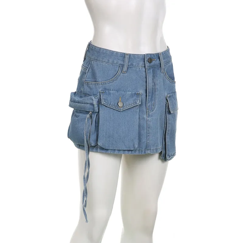 Women's Low Denim Short Skirts with Pockets