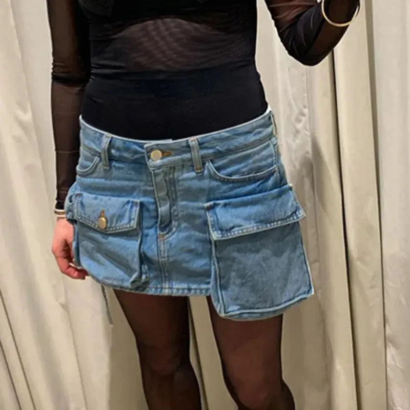 Women's Low Denim Short Skirts with Pockets