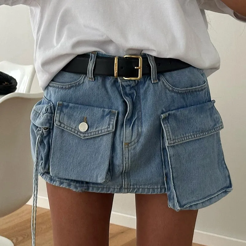 Women's Low Denim Short Skirts with Pockets