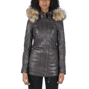 Womens Real Leather Parka Jacket 3/4 Fur Hood Zipped Brown Tan Grey Tailored Fit