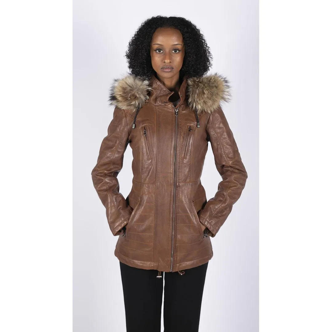 Womens Real Leather Parka Jacket 3/4 Fur Hood Zipped Brown Tan Grey Tailored Fit