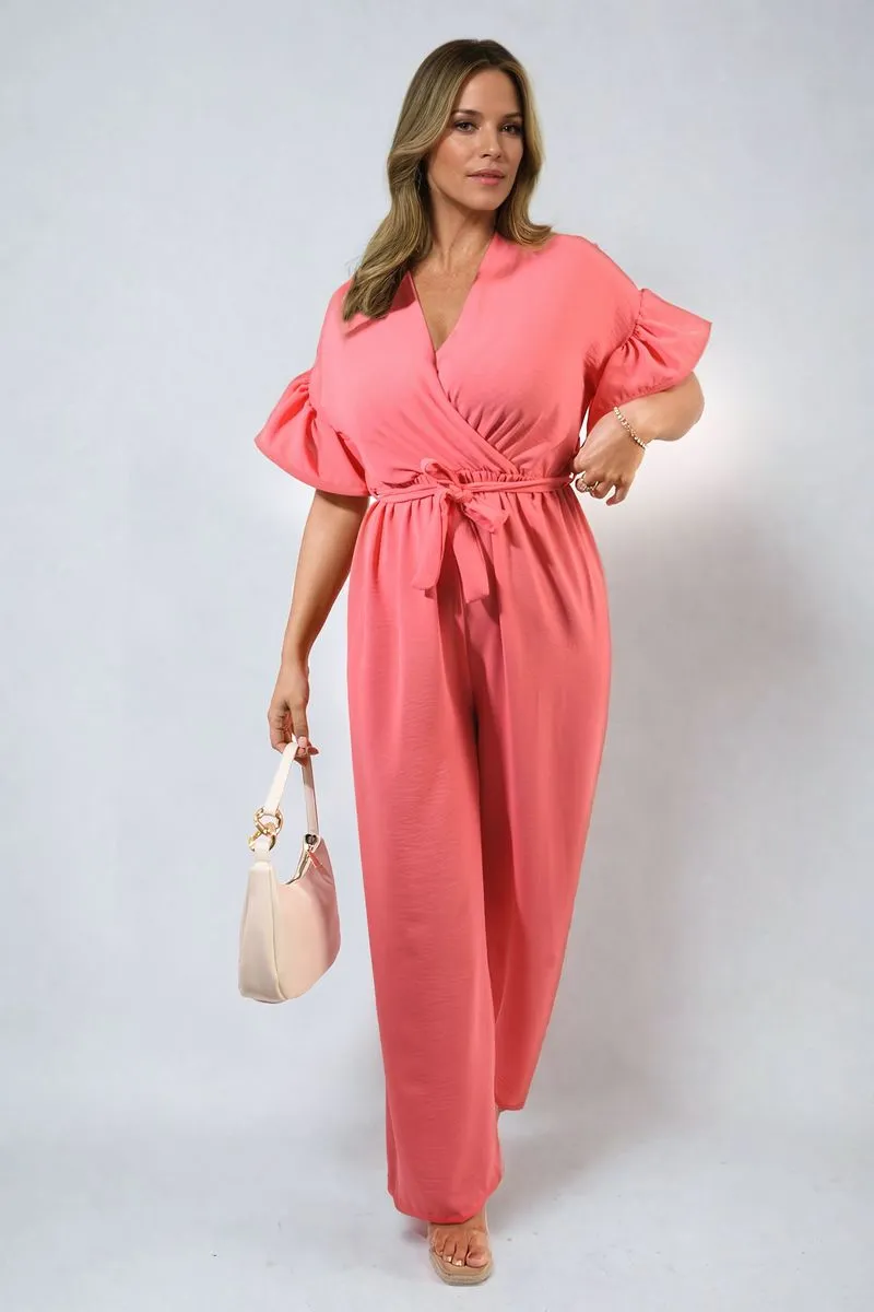 Wrap Over Tie Belt Frill Sleeve Jumpsuit