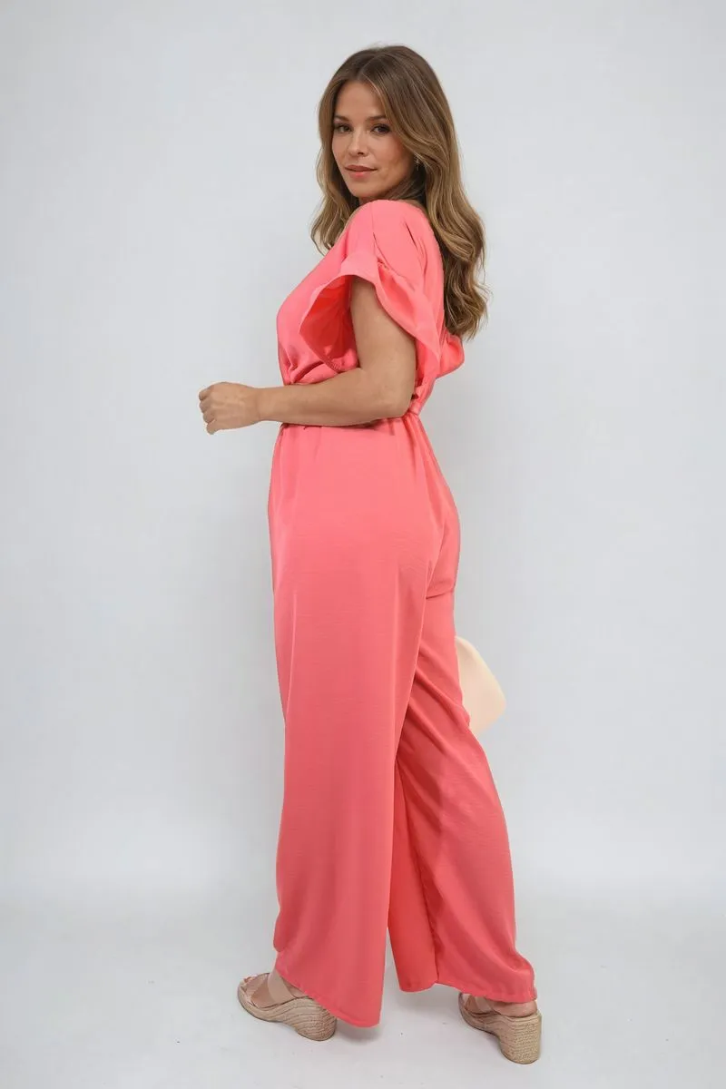 Wrap Over Tie Belt Frill Sleeve Jumpsuit