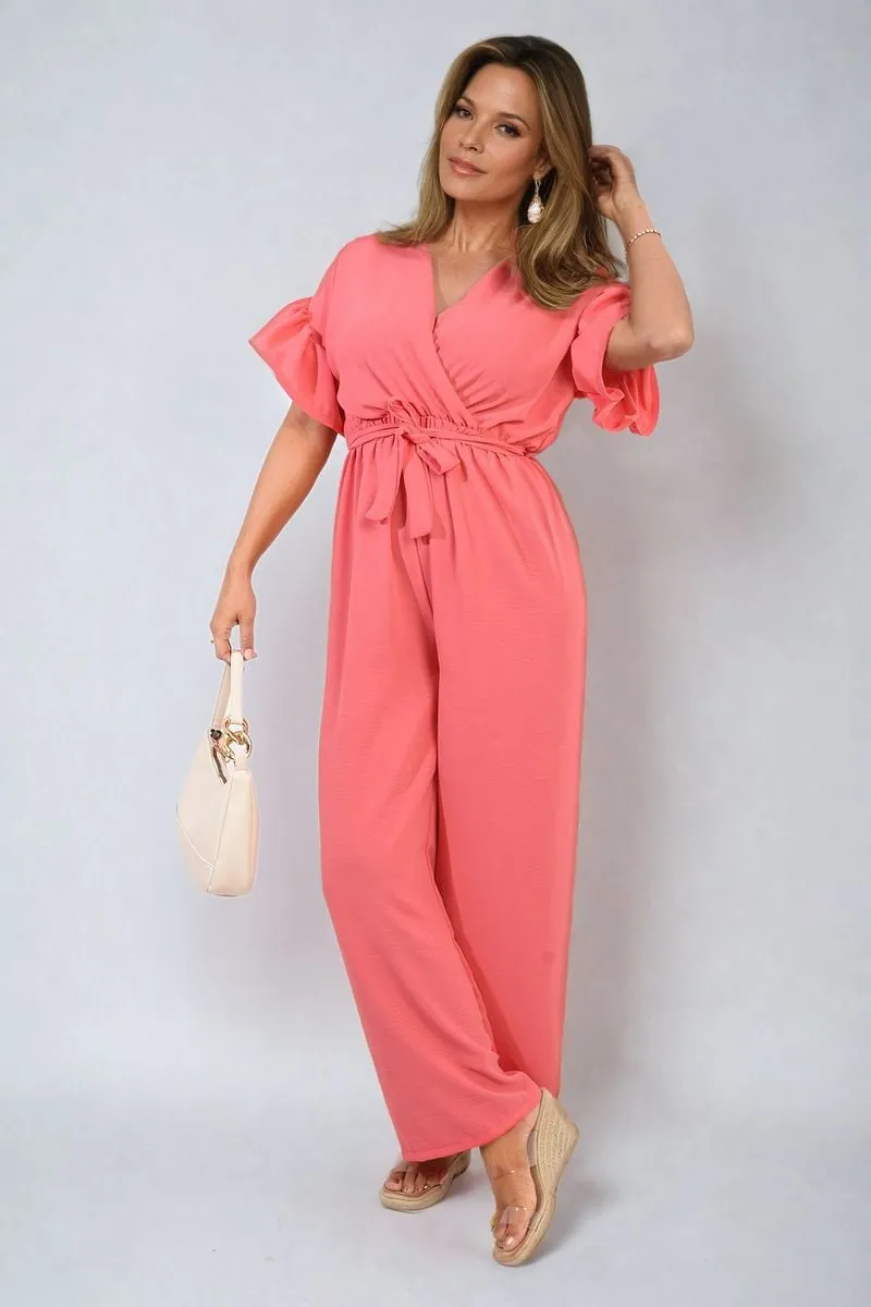 Wrap Over Tie Belt Frill Sleeve Jumpsuit