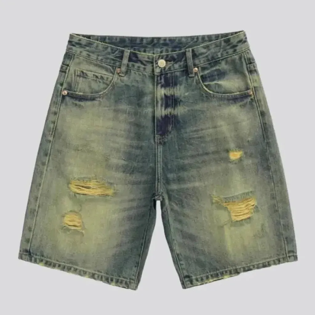 Yellow-cast distressed denim shorts for men