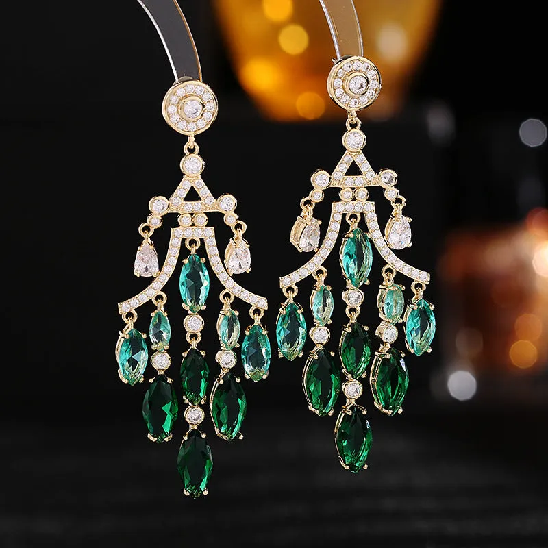 Zircon inlay exaggerated water drop tassel earrings banquet dress bridal earrings