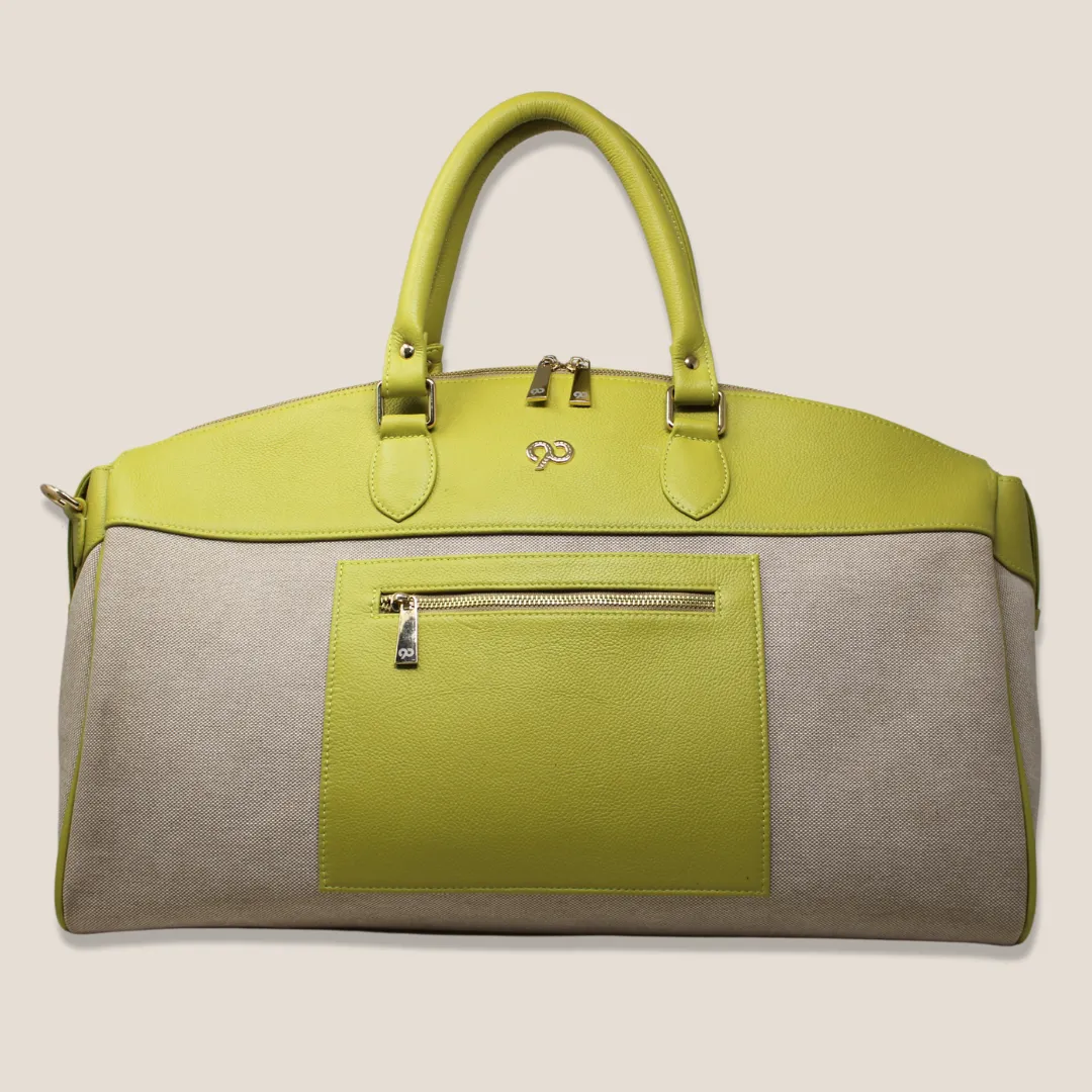 Zyan Lime Green Genuine Leather and Canvas Duffle/Weekender/Travel Bag