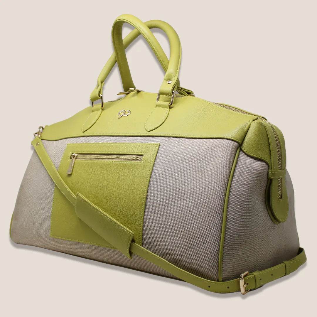 Zyan Lime Green Genuine Leather and Canvas Duffle/Weekender/Travel Bag