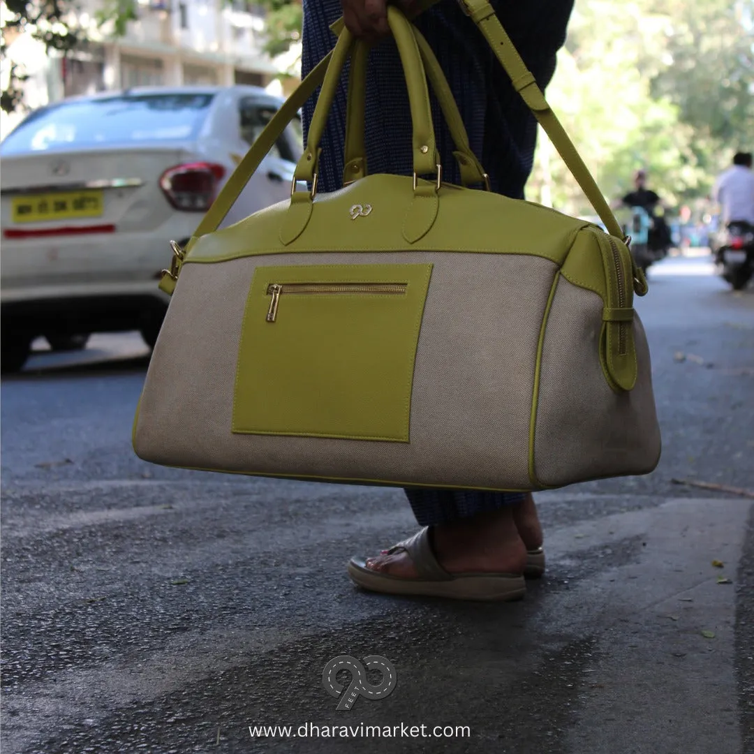 Zyan Lime Green Genuine Leather and Canvas Duffle/Weekender/Travel Bag