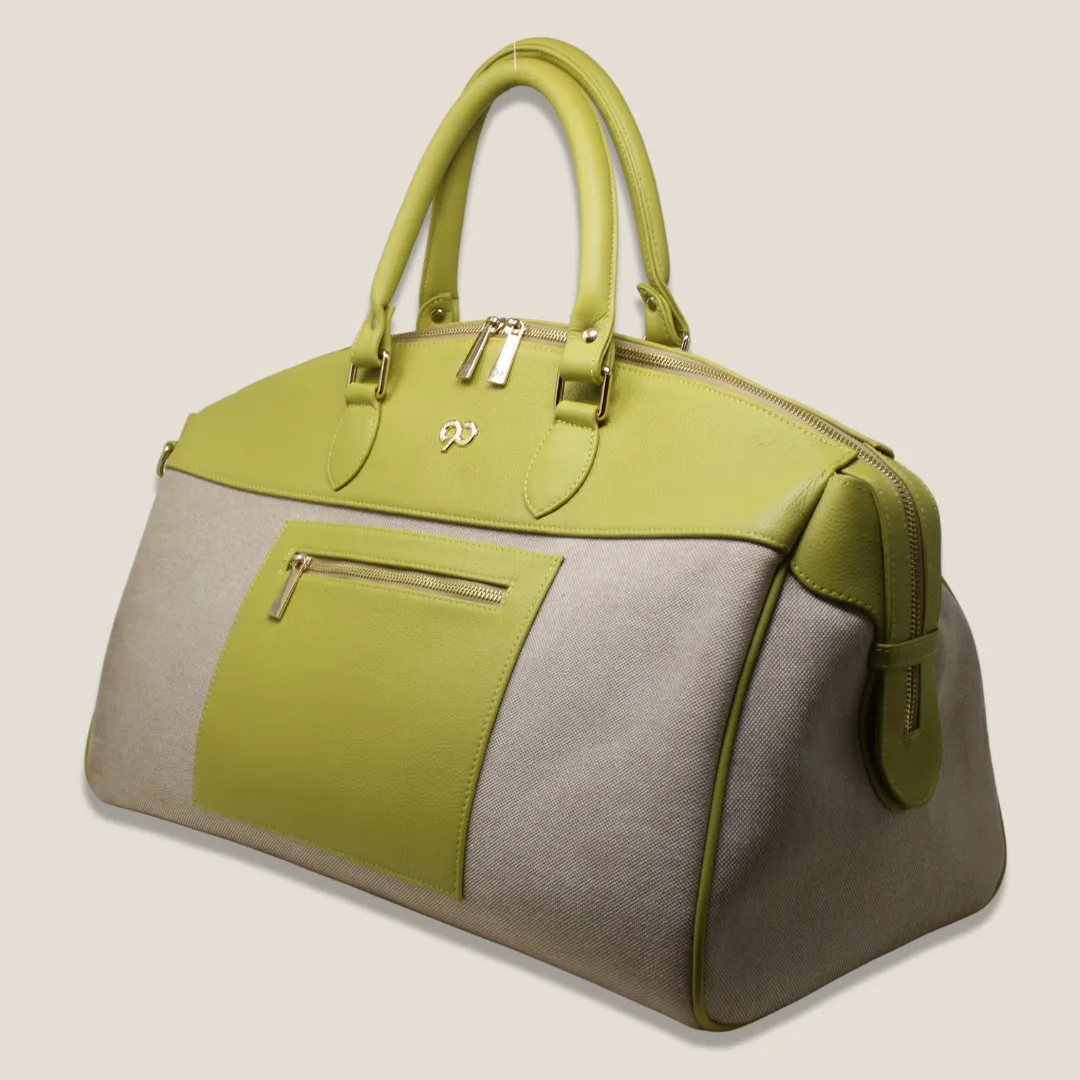 Zyan Lime Green Genuine Leather and Canvas Duffle/Weekender/Travel Bag